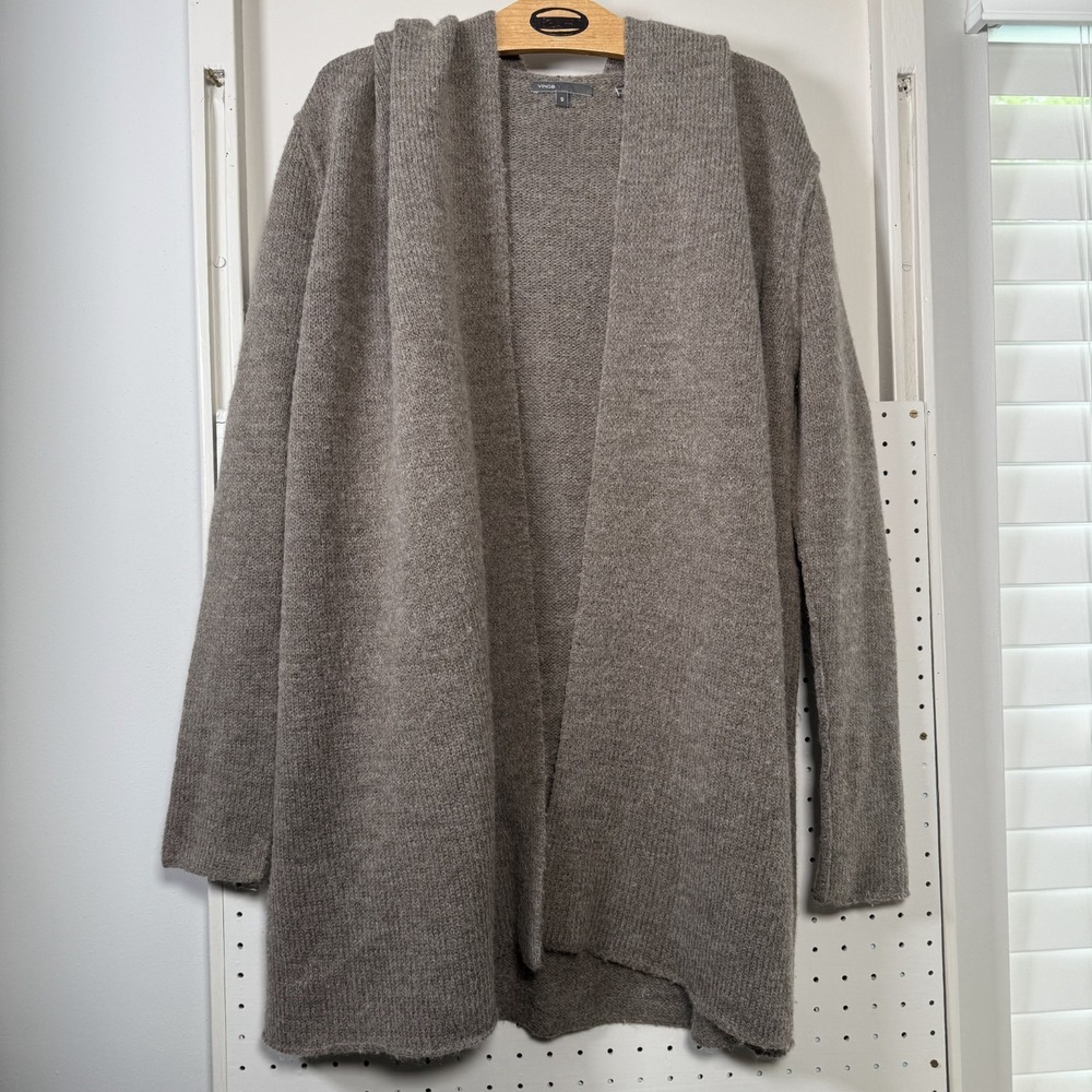 Vince Cardigan Sweater Womens Small Beige Wool Knit Ribbed Hem Hooded Open Front